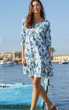 Peruvian Connection Large Acanthe Print Pima Cotton Flounced Hem Dress Pockets